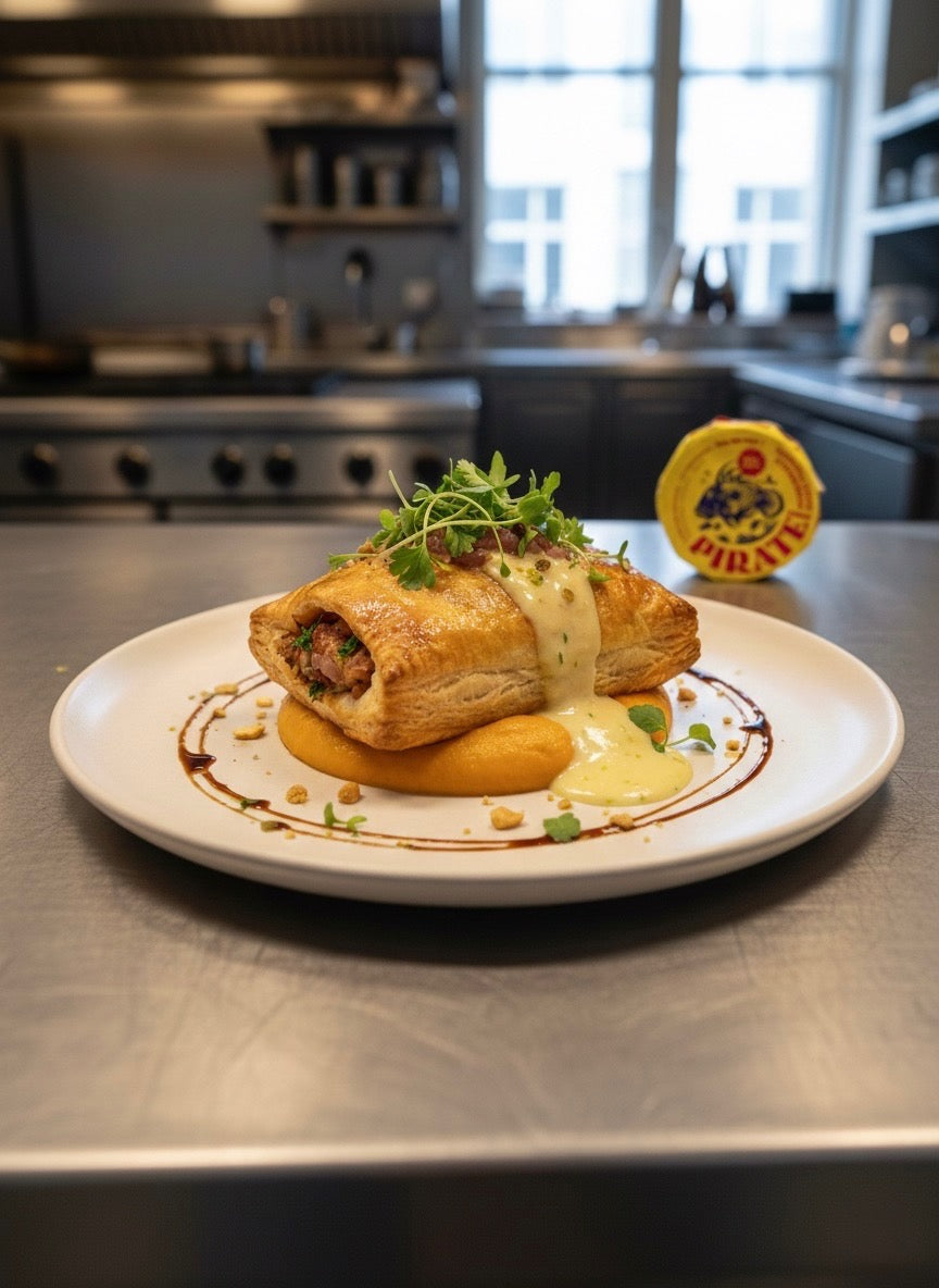 Feuilletés de maquereaux à la sauce piquante, purée de patate douce et crème citronnée